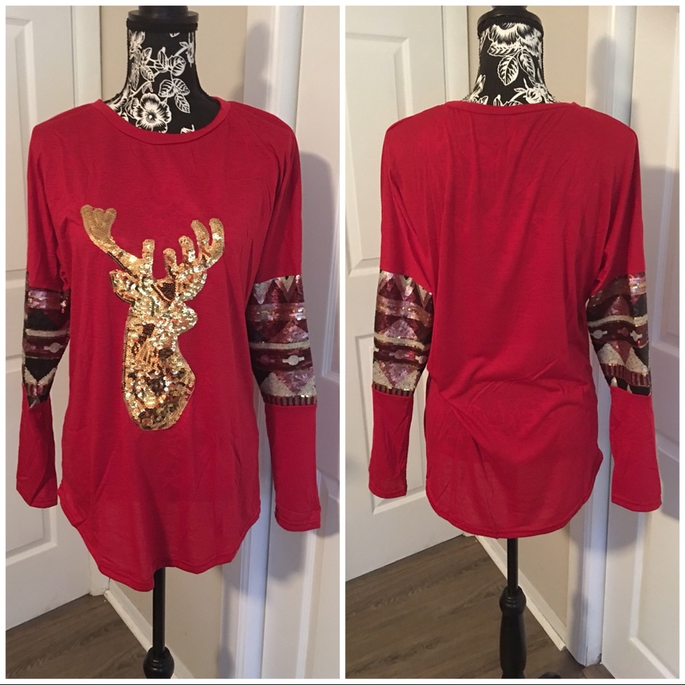 Red Reindeer Sequin Top